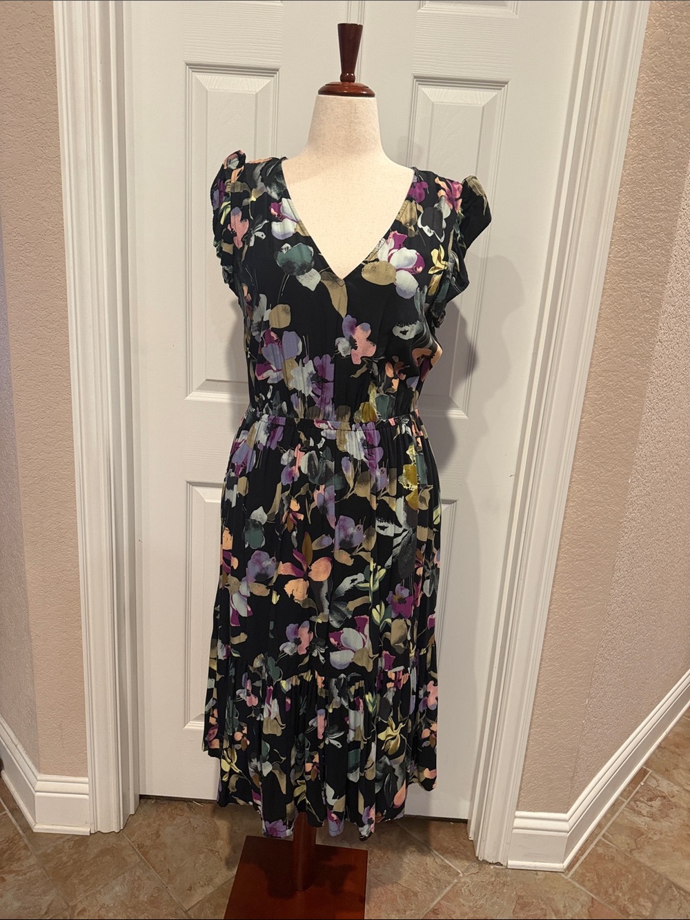 Ava & Viv Black Floral V-Neck Midi Dress with Purple & Yellow Accents